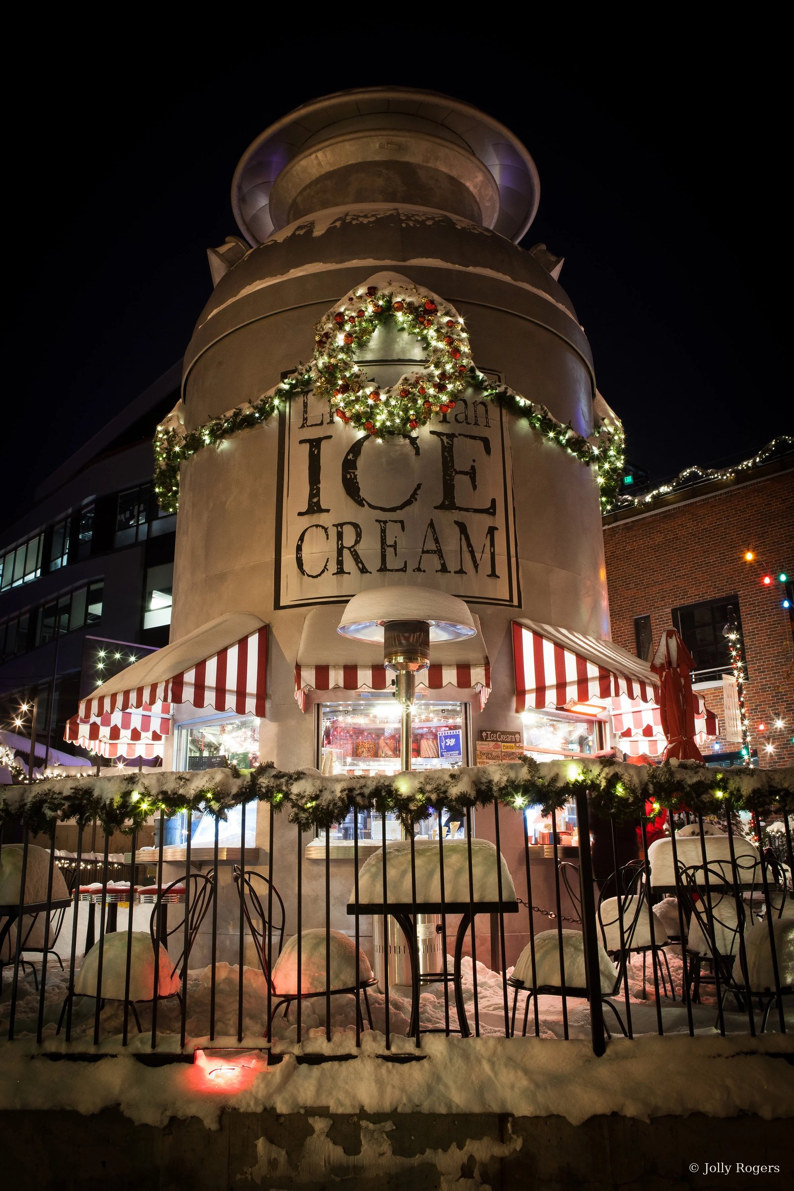 Ice cream shop holiday garland and lighting installation