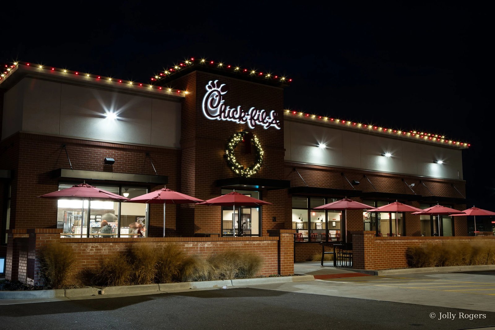 Chick-fil-A restaurant commercial Christmas light installation